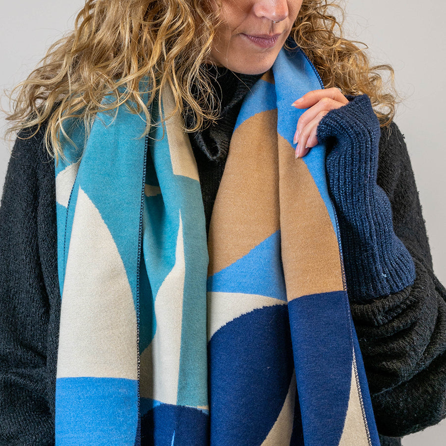 POM Light Blue/Navy/Ecru Abstract Geo Jacquard Scarf