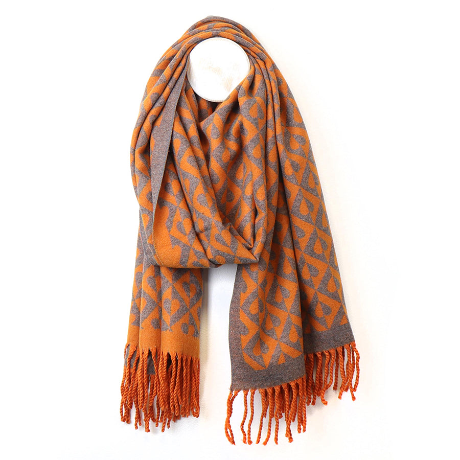 POM Orange Tiny Retro Heart Tile Jacquard Scarf with Tassels