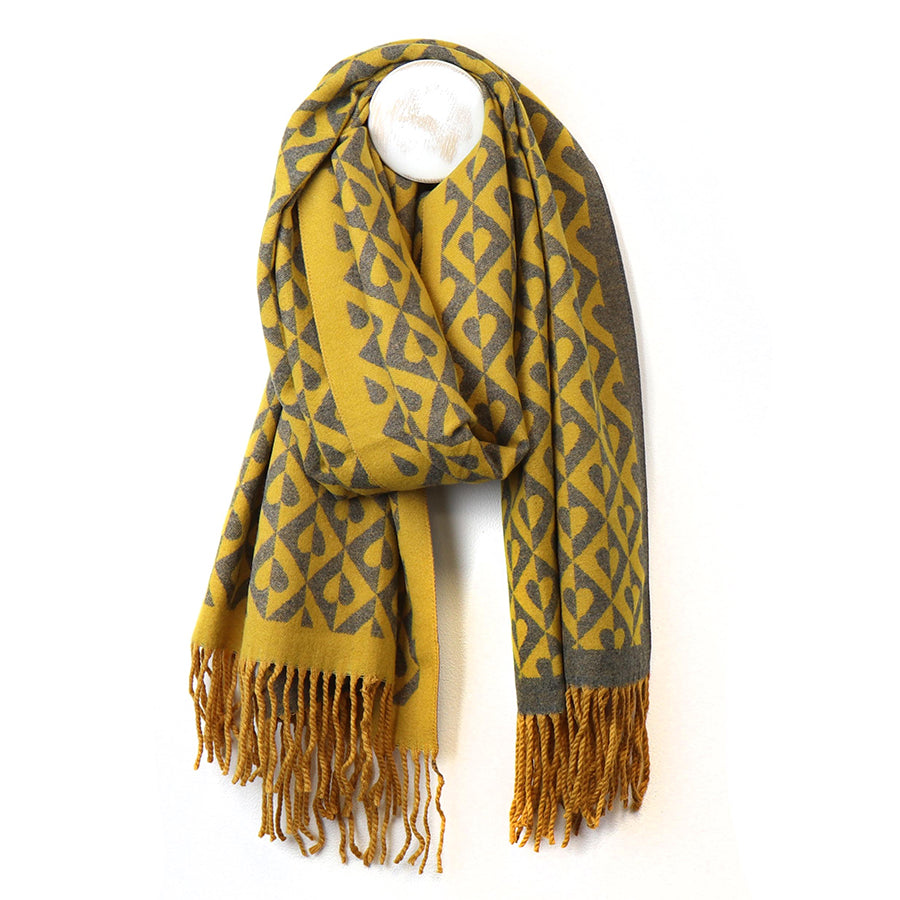 POM Mustard Yellow/Grey Tiny Retro Heart Tile Jacquard Scarf with Tassels