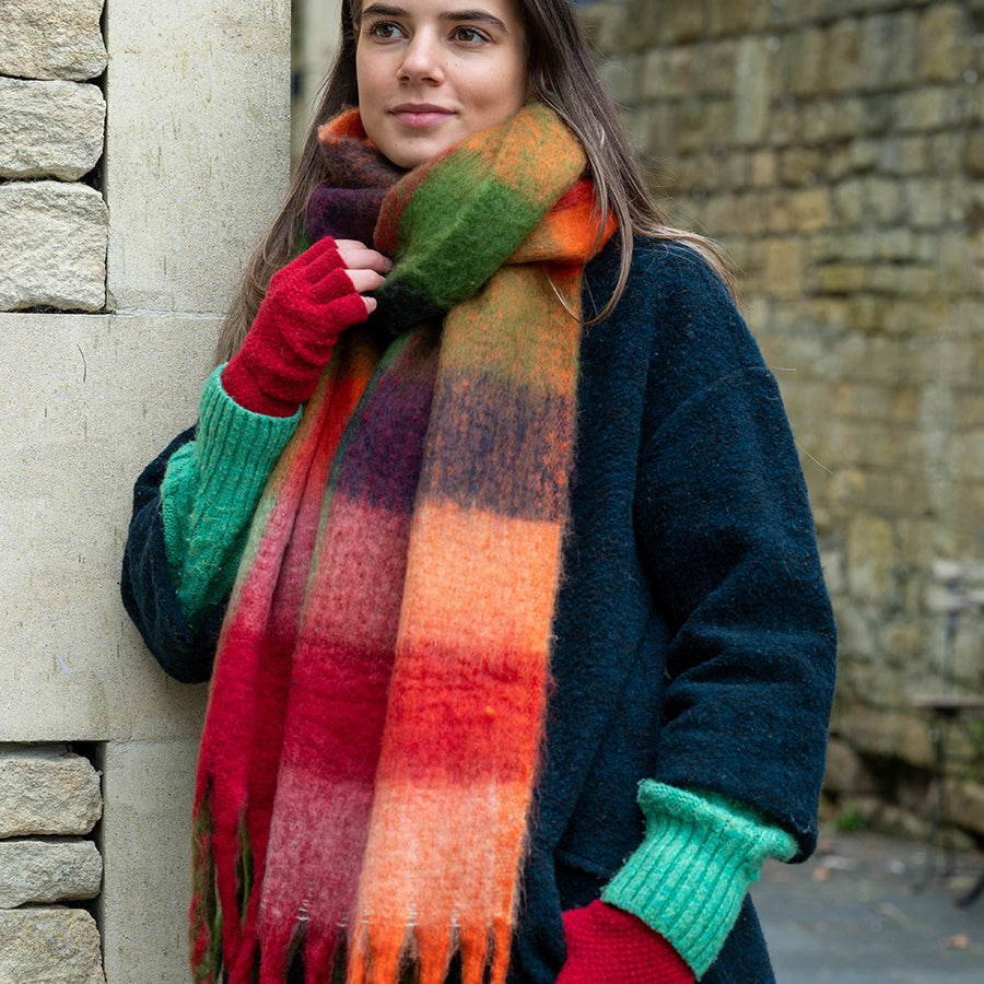 POM Rust/Red Multi Fluffy Checked Winter Tassel Scarf