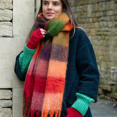 POM Rust/Red Multi Fluffy Checked Winter Tassel Scarf