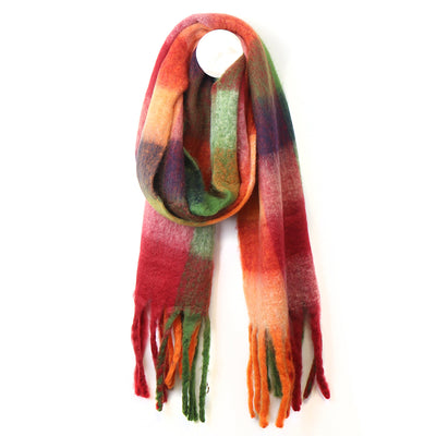 POM Rust/Red Multi Fluffy Checked Winter Tassel Scarf