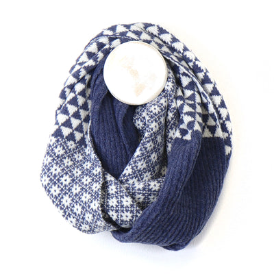 POM Dark Denim Blue Scandi Floral & Retro Check Print Snood Scarf