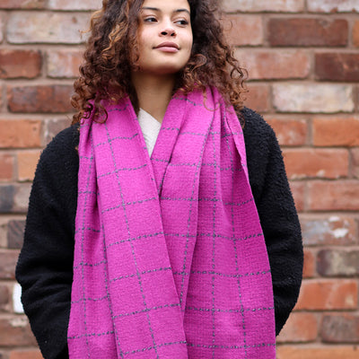 POM Magenta Pink Running Stitch Check Scarf