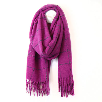 POM Magenta Pink Running Stitch Check Scarf