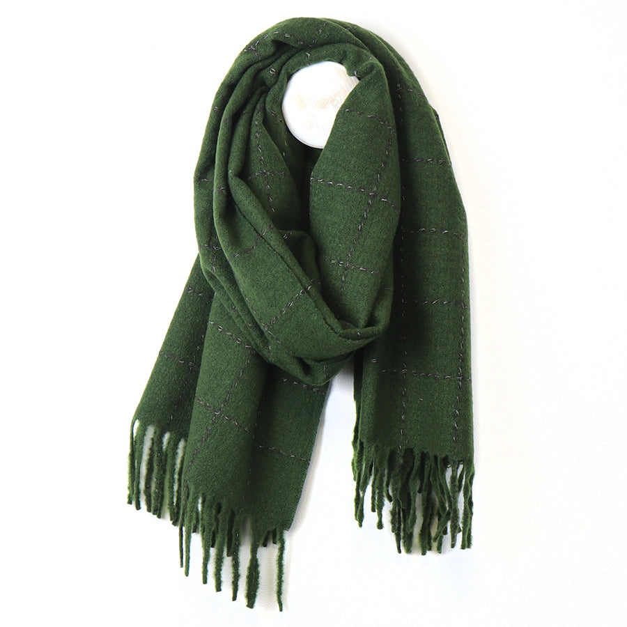 POM Running Stitch Check Winter Scarf - Pine Green