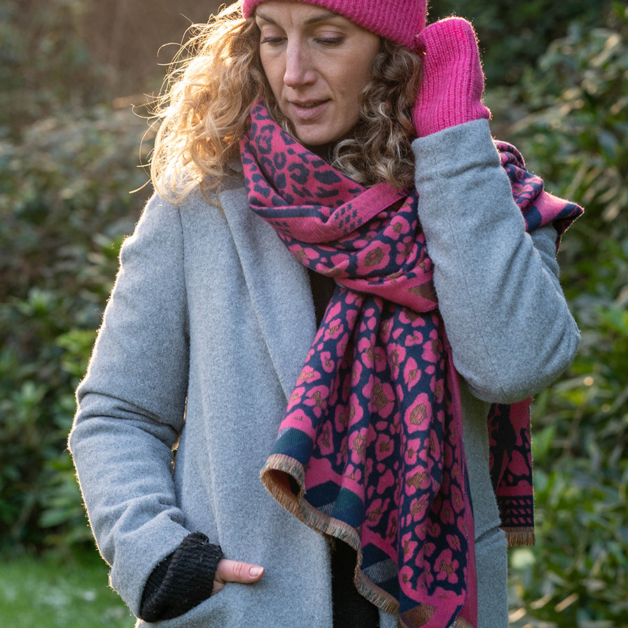 POM Pink/Navy Leopard Print Reversible Cosy Jacquard Scarf