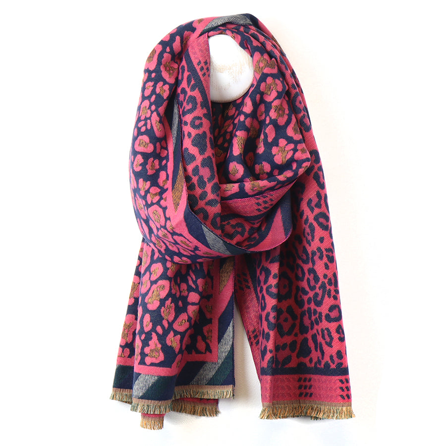 POM Pink/Navy Leopard Print Reversible Cosy Jacquard Scarf