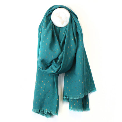 POM Teal Blue Dobby Cloth Scarf with Gold Lurex Weave