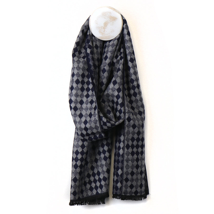 POM Men's Grey/Navy Diamond Tile Repeat Print Viscose Scarf