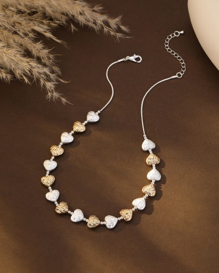 Gracee Jewellery - Textured Hearts Chain Necklace - Silver/Gold