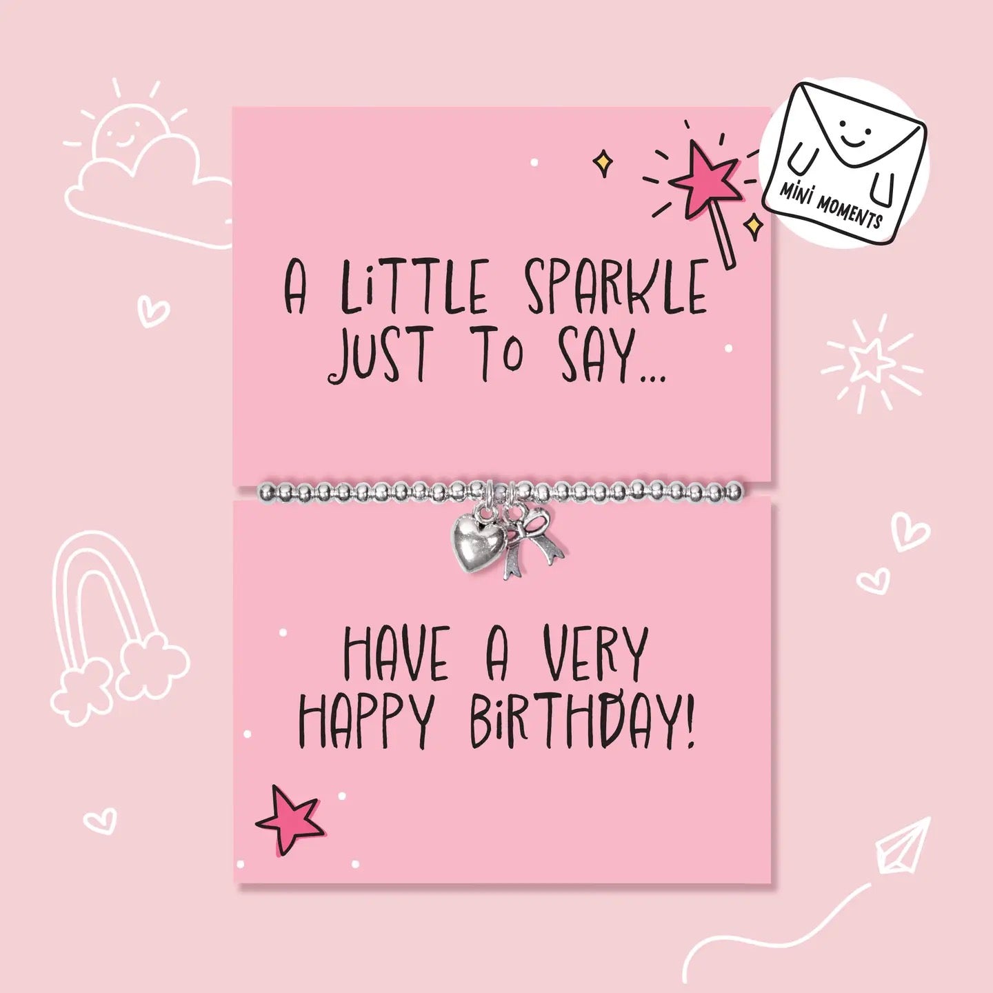 Letterbox Love - Happy Birthday - Heart &amp; Bow - CHILDREN'S - Silver Plated Stretch Bracelet