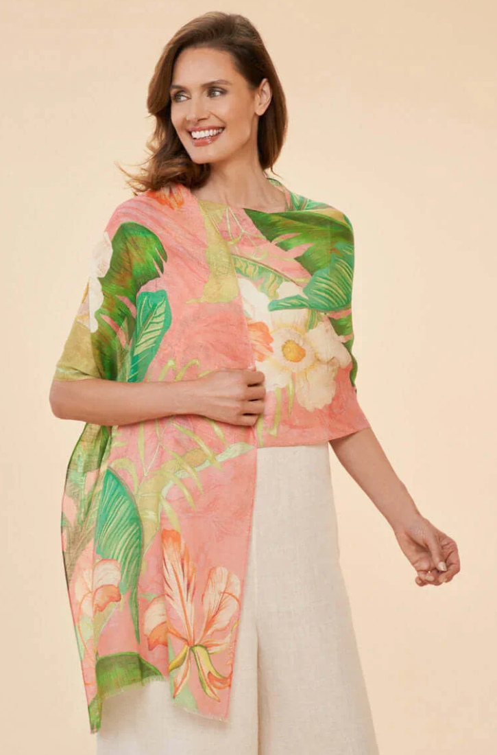 Powder Tropical Linen Scarf - Candy Peach/Green Floral