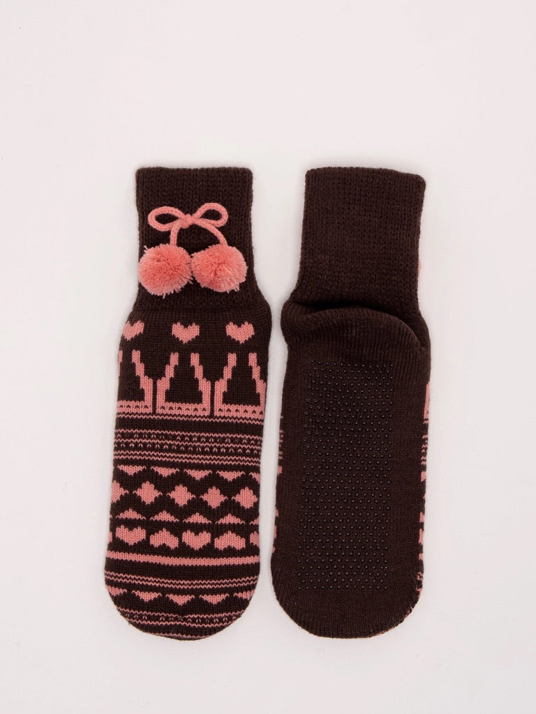 Brakeburn - Pom Pom Patterned Knitted Slippers - Brown/Pink