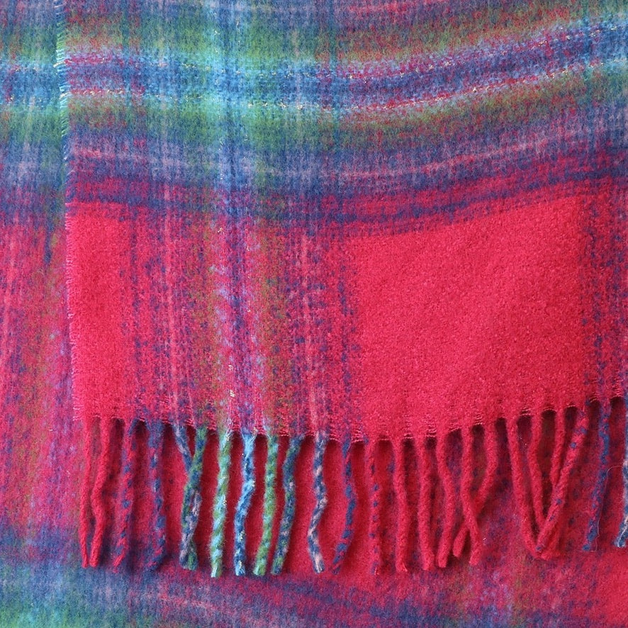 POM - Miranda - Blue, Green &amp; Raspberry Pink Mix Check Print - Cosy Tassel Scarf