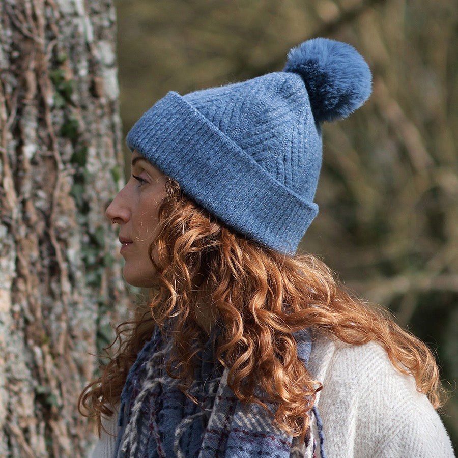 POM - Charlotte - Herringbone Knit Bobble Hat - Denim Blue