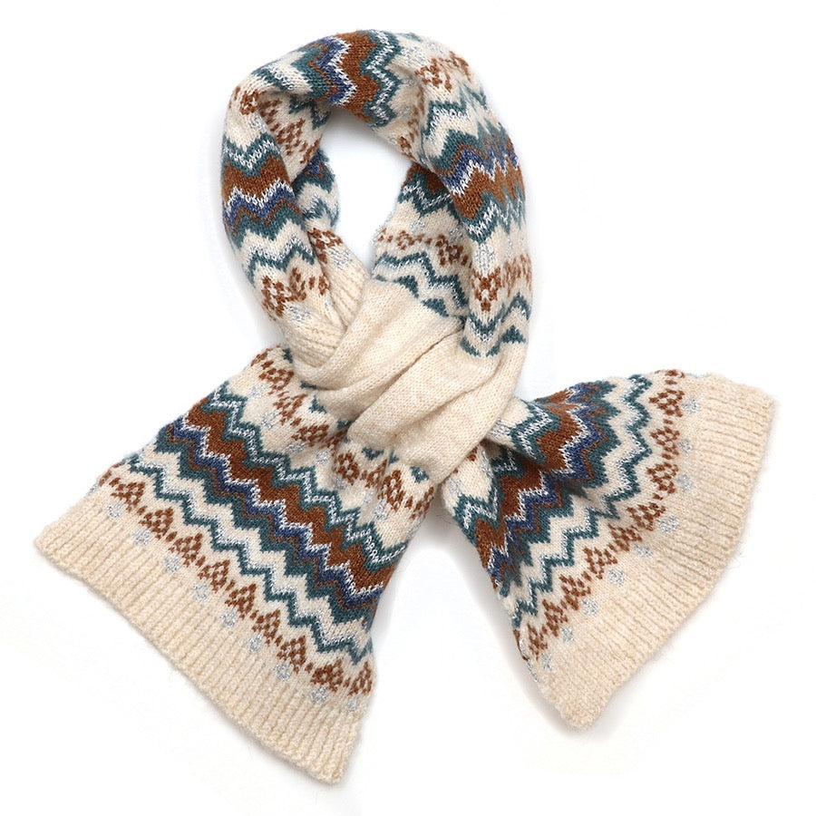 POM - Sofia - Patterned Zigzag Stripes Knit Pull Through Crossover Scarf - Cream/Rust/Teal