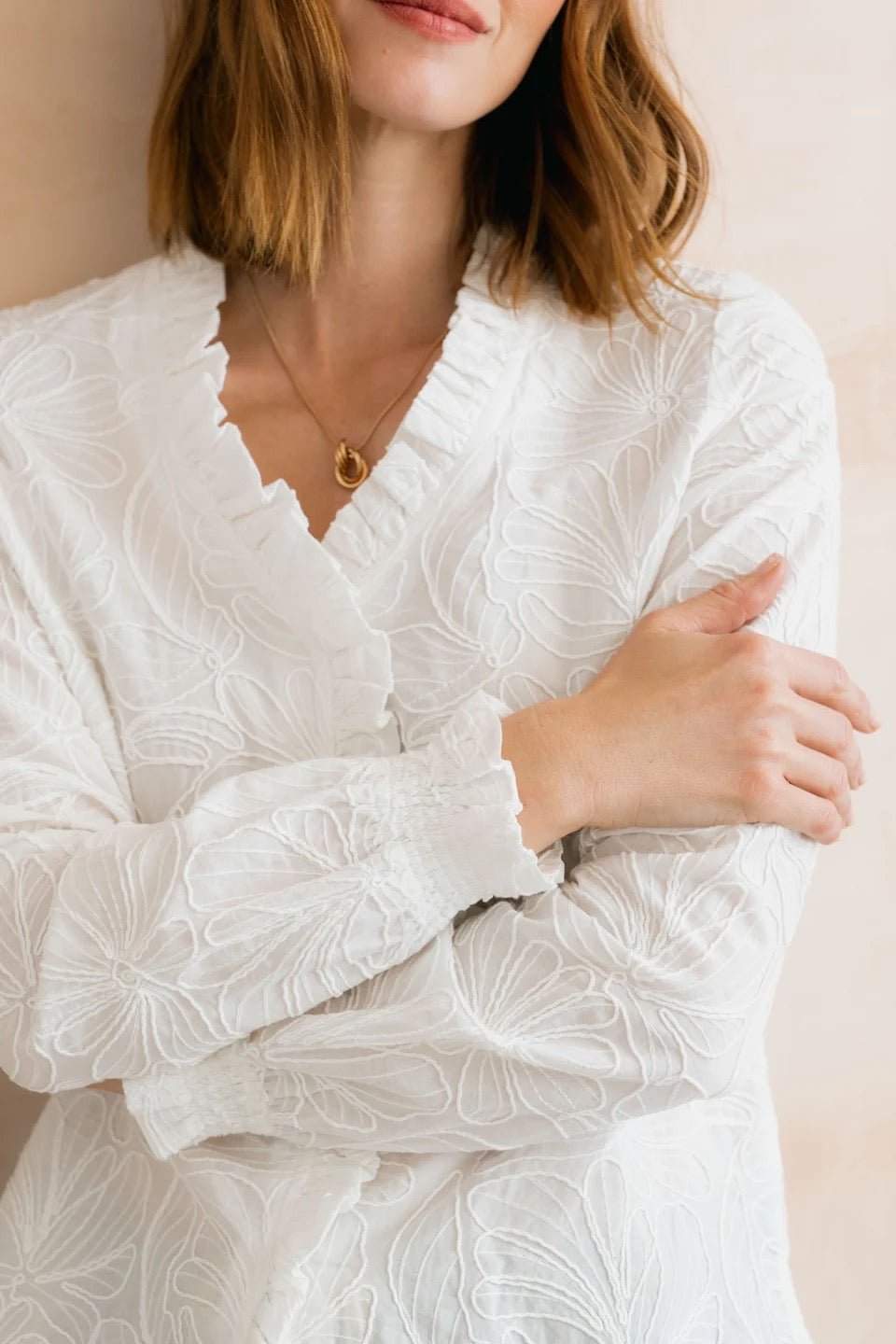 Kit Ruffle Abstract Bloom Embroidered Blouse - White - Lily &amp; Me