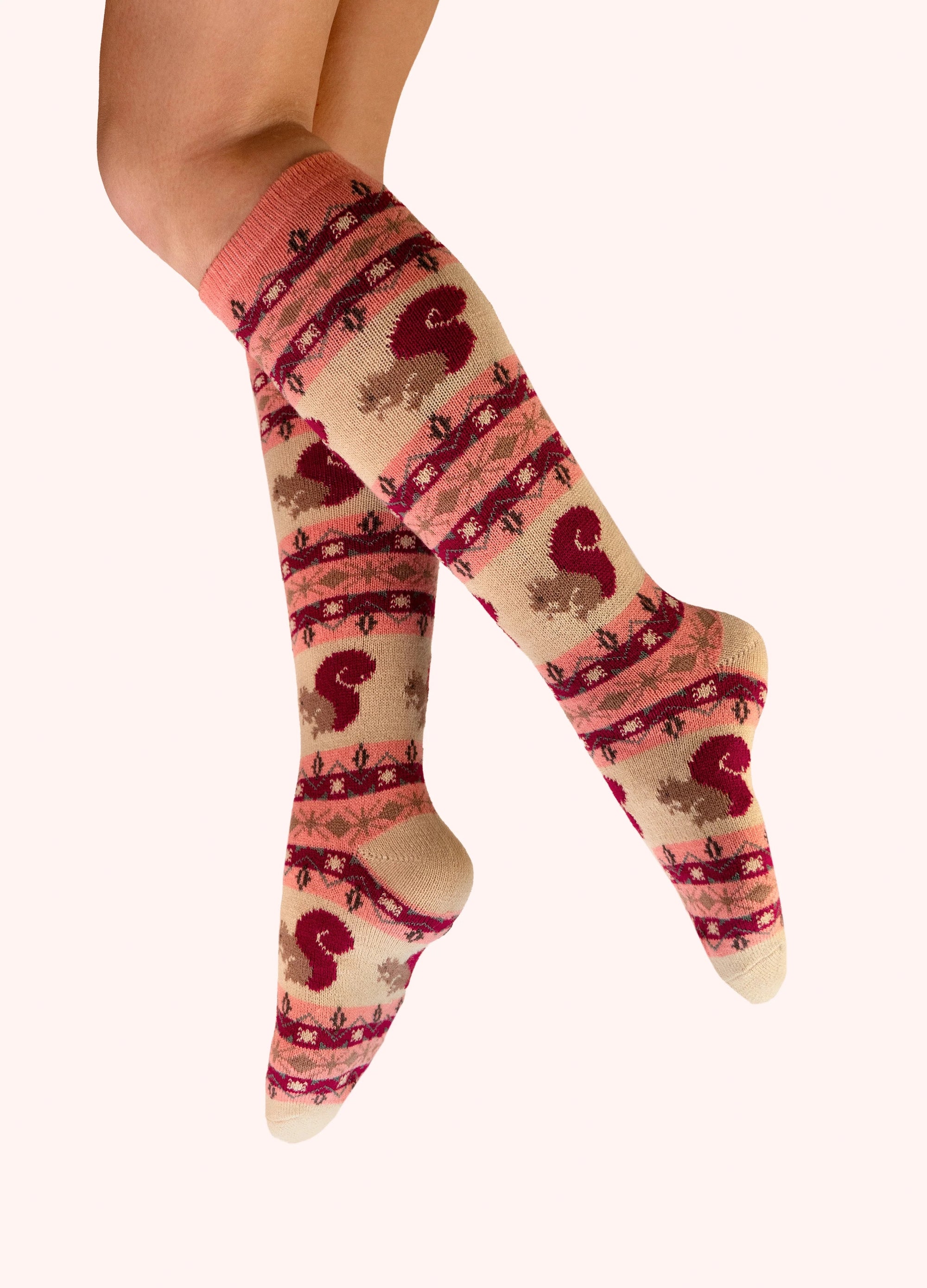 Powder - Fair Isle Squirrel - Ladies LONG Cosy Knee High Socks - Cream/Red