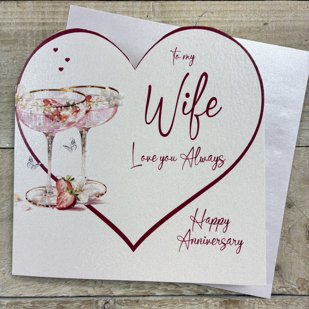White Cotton card - To My Wife - Glasses &amp; Strawberries - Anniversary card