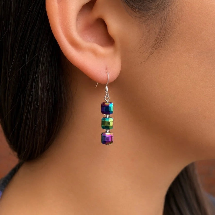 Carrie Elspeth - Cubic Haematite Triple Drop Earrings - Spectrum