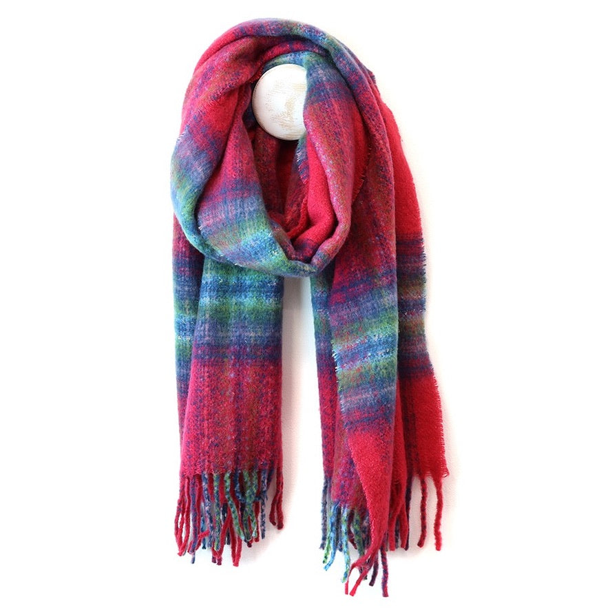 POM - Miranda - Blue, Green &amp; Raspberry Pink Mix Check Print - Cosy Tassel Scarf