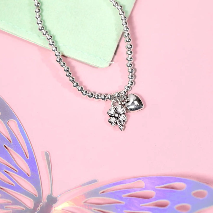 Letterbox Love -Cheering You On - Heart &amp; Flower - CHILDREN'S - Silver Plated Stretch Bracelet