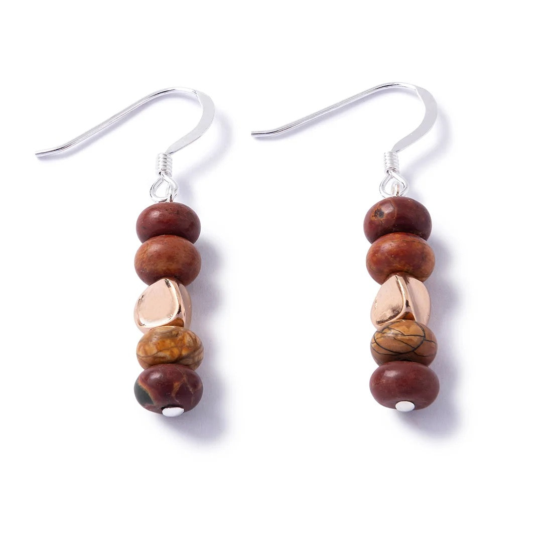 Carrie Elspeth - Natural Jasper Rondelle Stack Drop Earrings -Neutral Tones