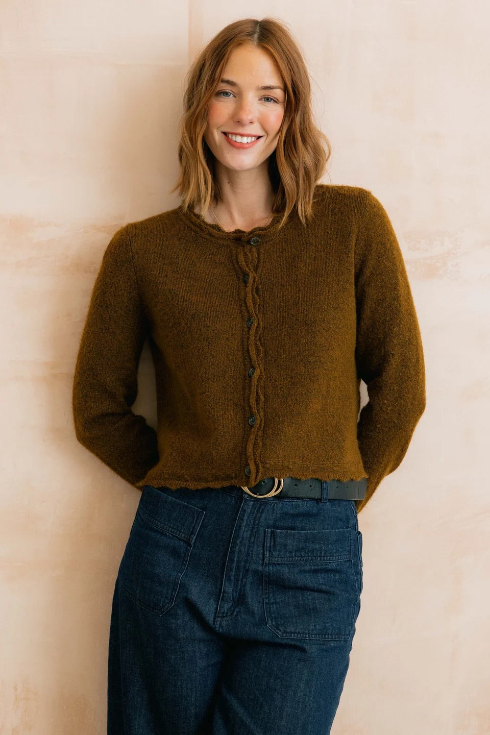 Elodie - Scallop Neck Outfitter Knit Cardigan - Burnt Caramel - Lily &amp; Me