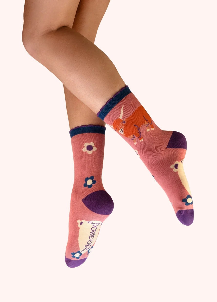 Powder - Highland Cow - Ladies Bamboo Ankle Socks - Pink