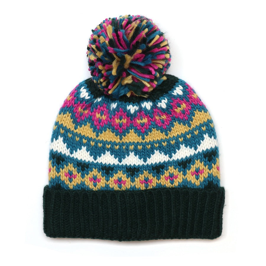 POM - Valentina - Patterned Chunky Knit Bobble Hat - Dark Green/Camel/Mix