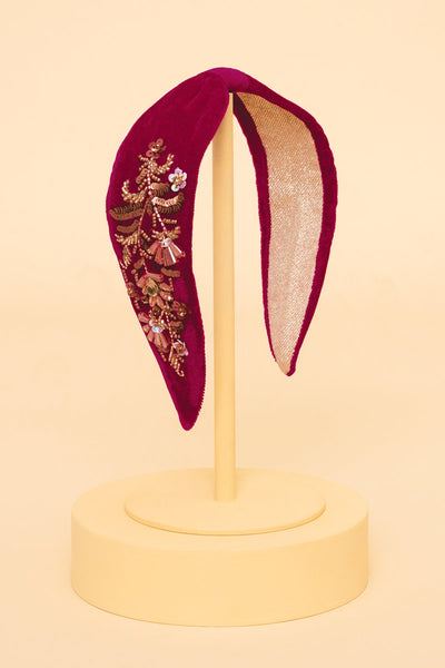 Powder Velvet Embellished Headband - Golden Wildflowers - Fuchsia