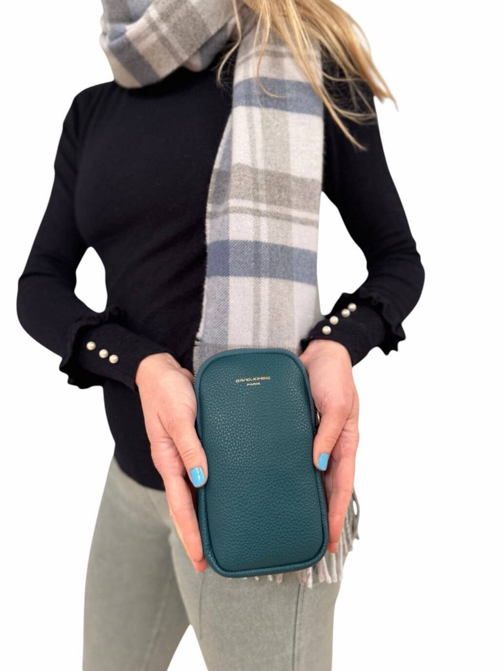 David Jones - (CM6814A) Double Zip Faux Leather Phone Crossbody Bag - Twilight Teal