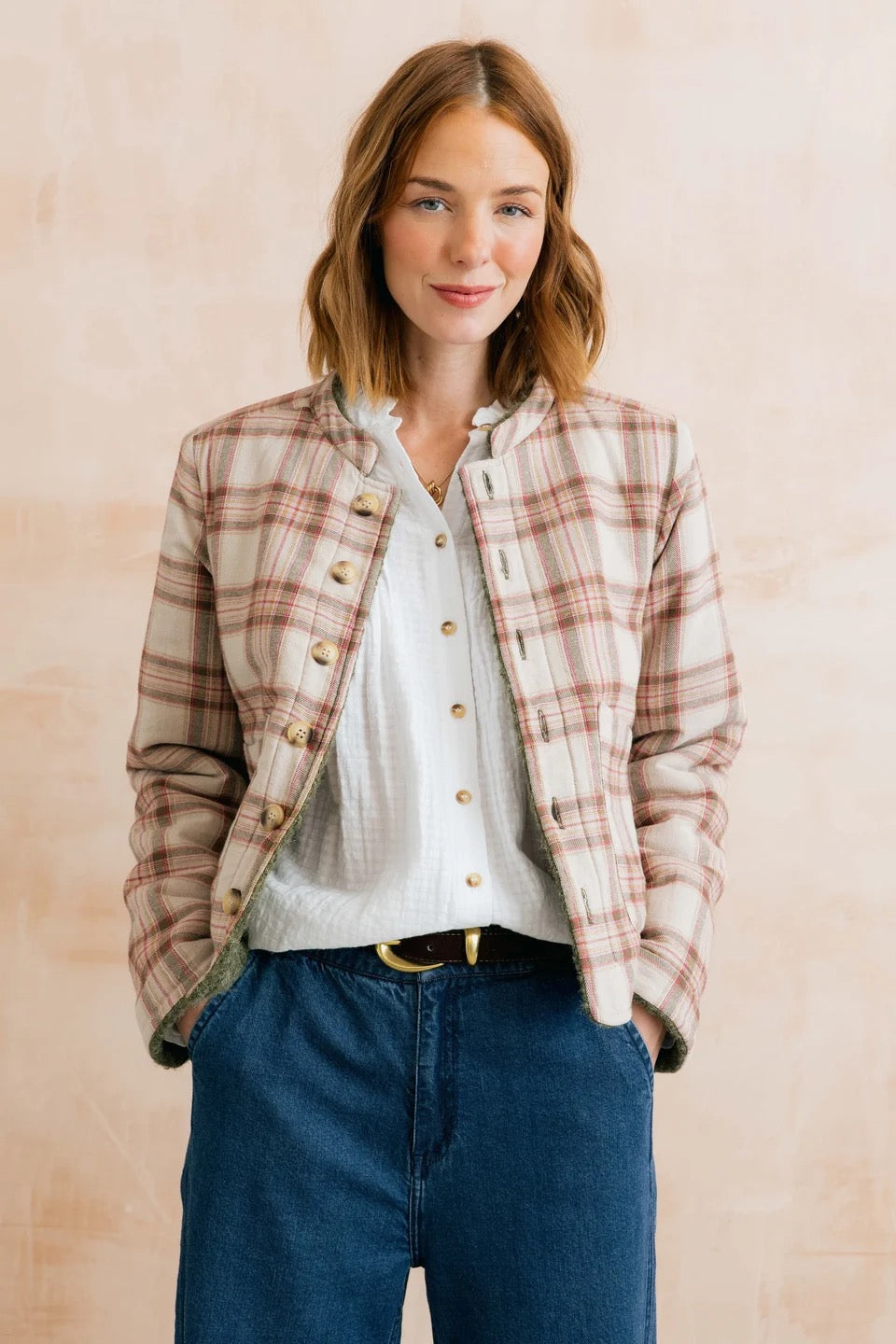 Scarlett - Plain Boucle &amp; Checked Reversible 2in1 Jacket - Dark Olive - Lily &amp; Me
