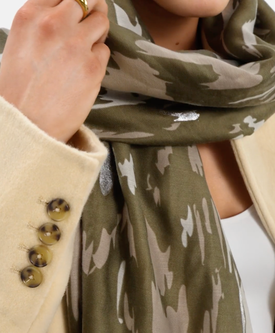 Katie Loxton Printed Scarf - Animal -Olive/Sand/Sage/Silver Foil