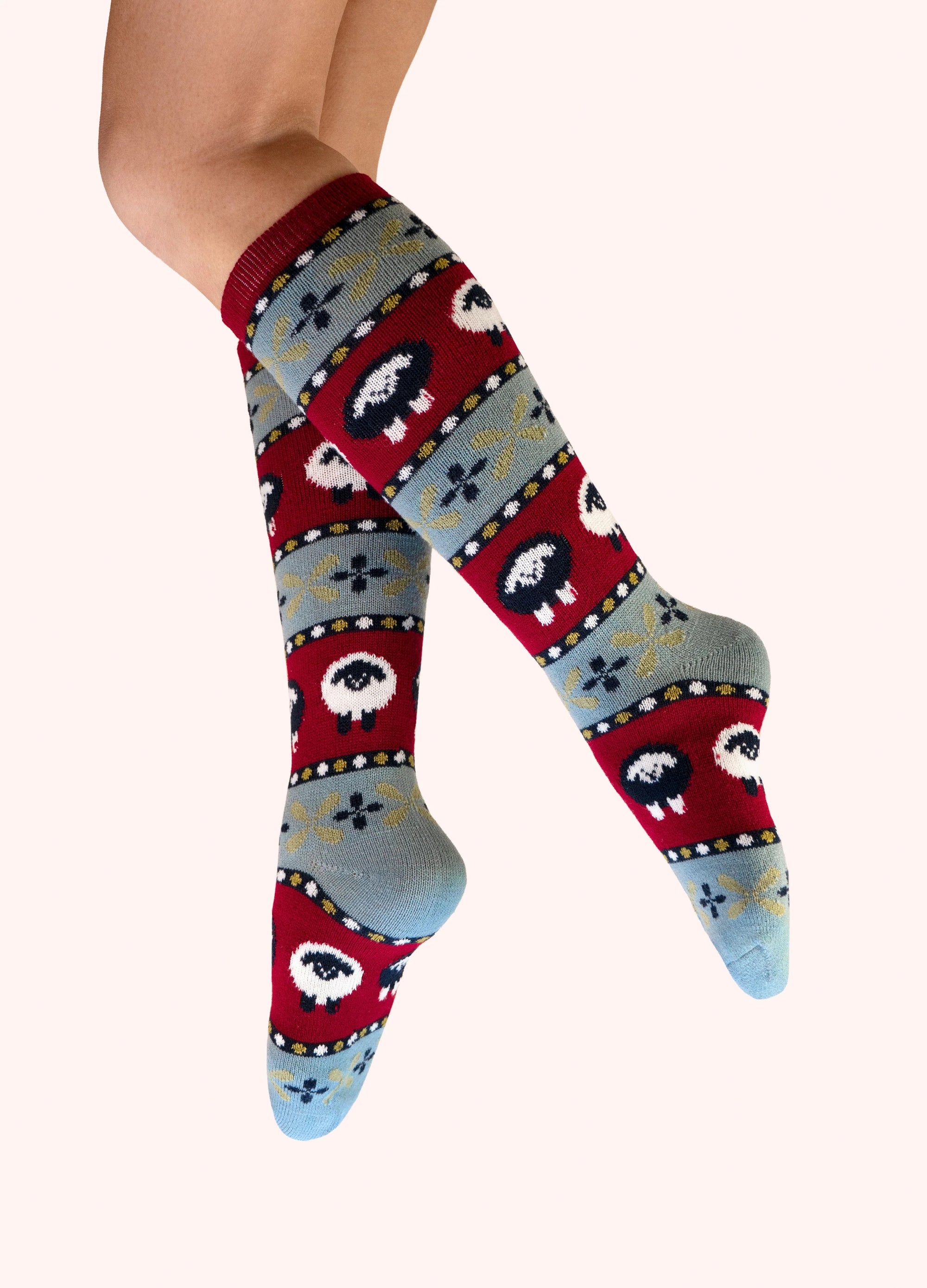 Powder - Fair Isle Sheep - Ladies LONG Cosy Knee High Socks - Red