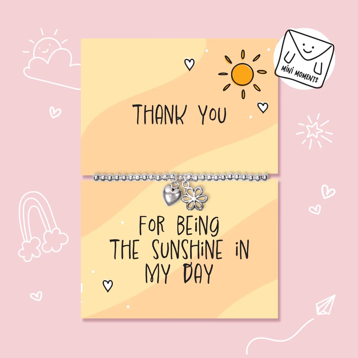 Letterbox Love - Thank You Sunshine in my Day - Heart &amp; Flower - CHILDREN'S - Silver Plated Stretch Bracelet