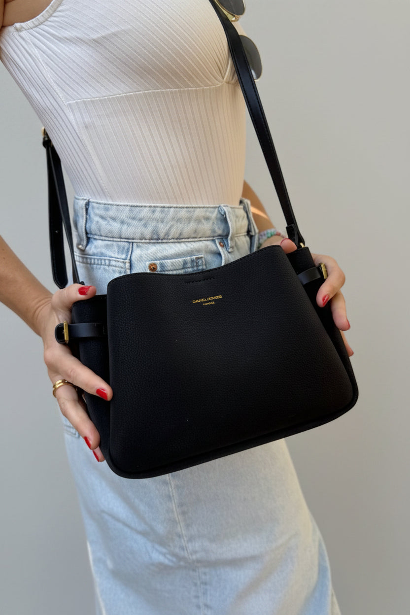 David Jones -(CM8588) Gathered Sides Small Crossbody Bag with Buckle detail - Black
