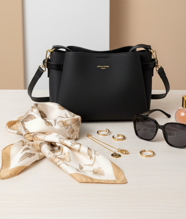 David Jones -(CM8588) Gathered Sides Small Crossbody Bag with Buckle detail - Black