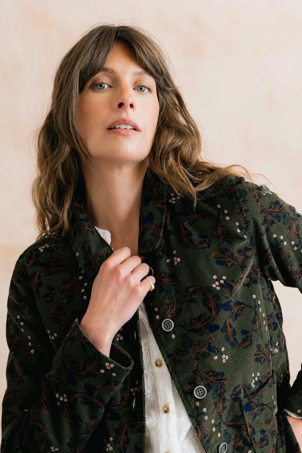 Ash Printed Trailing Leaves Pincord Jacket - Dark Olive Green - Lily &amp; Me