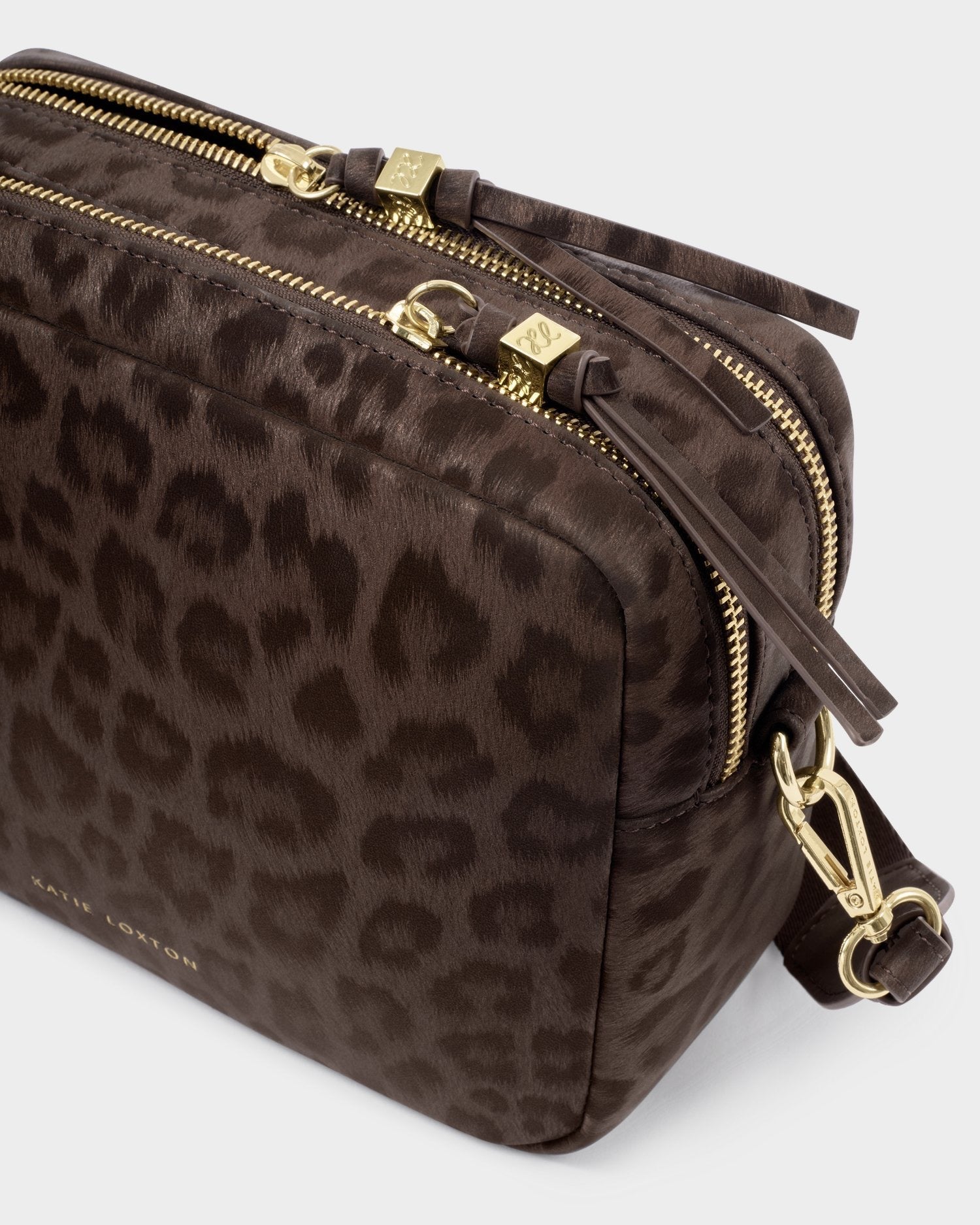 Katie Loxton - Lottie - Large Double Zip Crossbody Bag - Chocolate Leopard