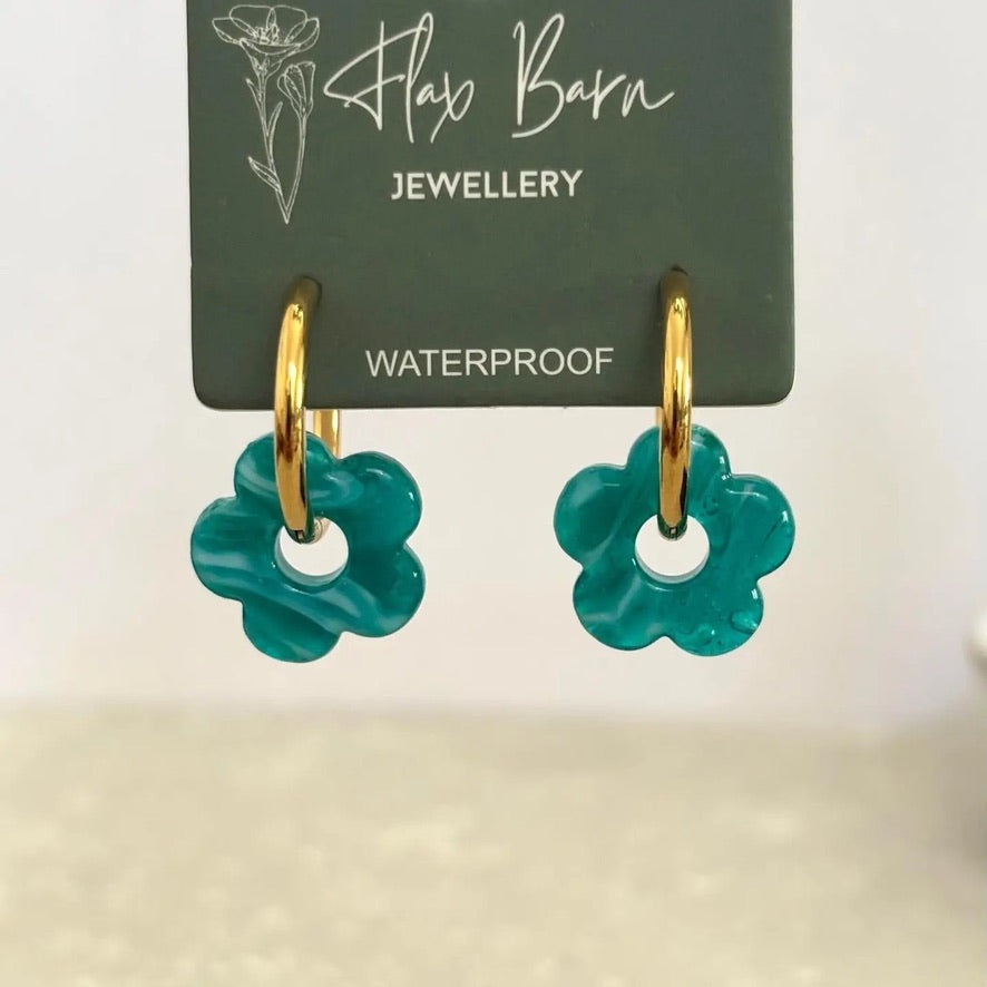 Teal Glass Flower Charm Huggie Earrings - Flax Barn Waterproof Jewellery