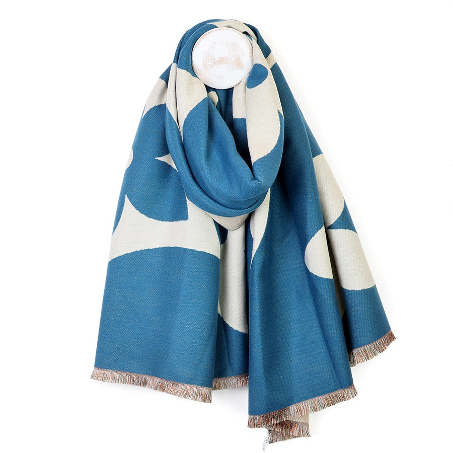POM - Louise - Teal/Ecru - Oversized Flower. Print - Reversible Cosy Jacquard Scarf