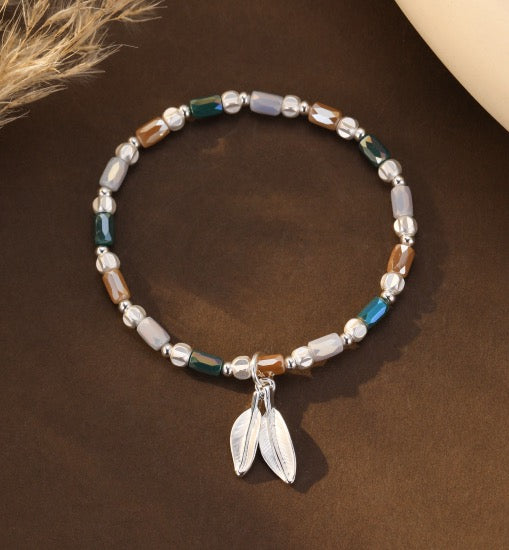 Gracee Jewellery - Earth Tone Crystals &amp; Double Leaf Charm - Stretch Beaded Bracelet