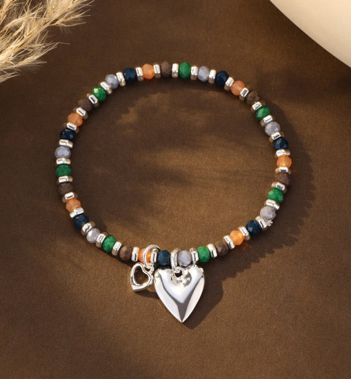 Gracee Jewellery - Silver &amp; Multicoloured Beaded Stretch Bracelet with Twin Heart Charms
