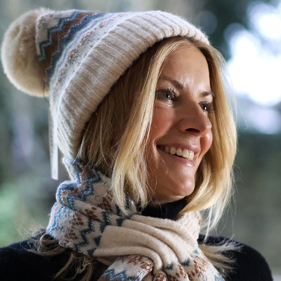 POM - Sofia - Patterned Zigzag Stripes Faux Fur Knitted Bobble Hat - Cream, Rust Silver &amp; Teal