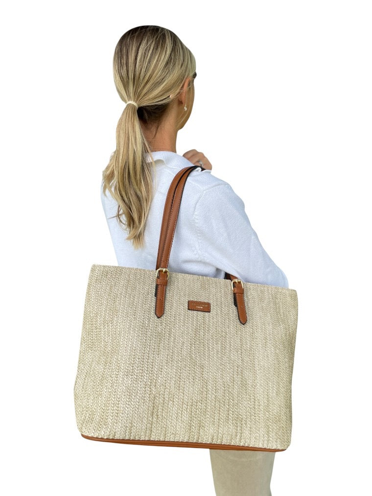 David Jones Woven Rattan Shoulder Large Tote Bag - Natural/Cognac Tan (7051-5)