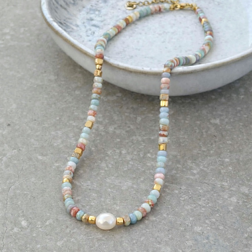 Sea Spray Stone Full Beaded Necklace with Gold  - Flax Barn Waterproof Jewellery
