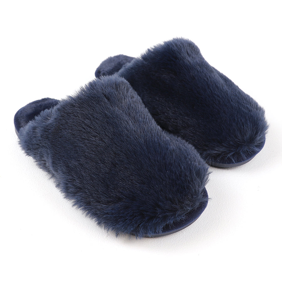 POM Navy Blue Faux Fur Closed Mule Luxury Slippers