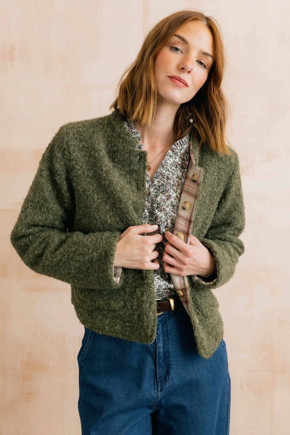 Scarlett - Plain Boucle &amp; Checked Reversible 2in1 Jacket - Dark Olive - Lily &amp; Me